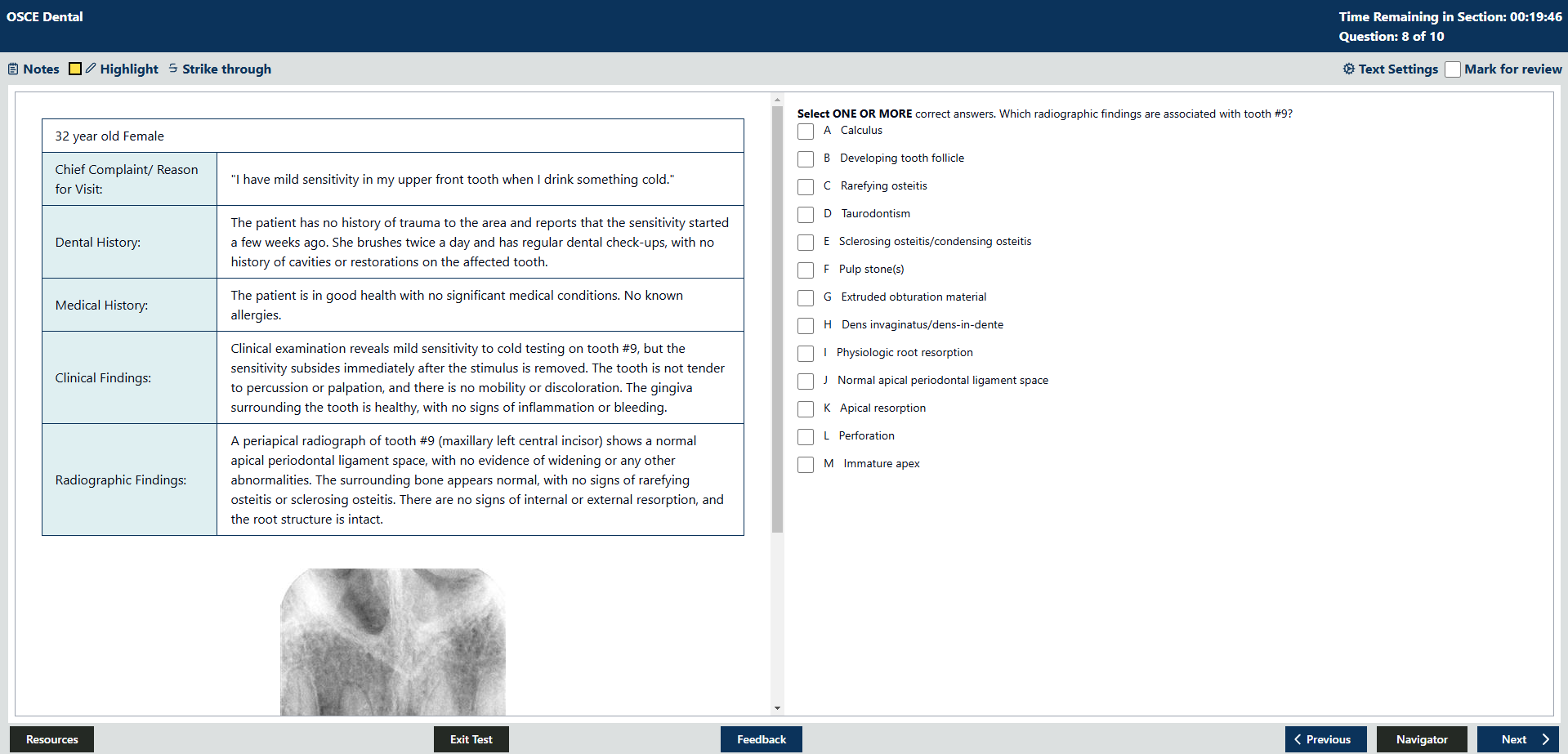 NDEB Virtual OSCE App Question with a Radiological Image - NDEB OSCE QBANK interface screenshot